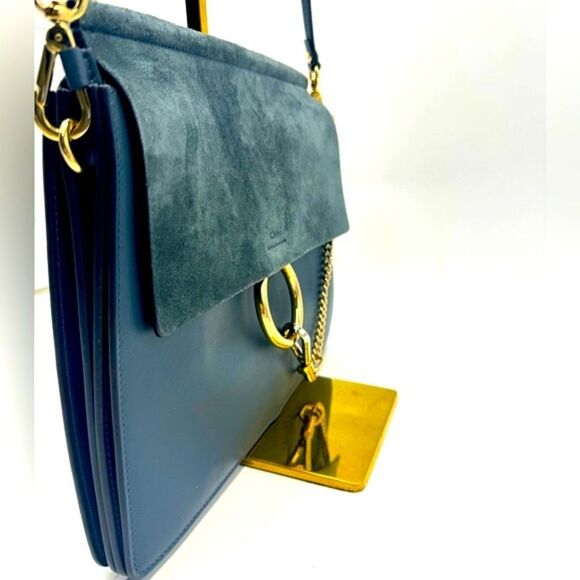Auth Chloe Medium Cloudy Blue Calfskin Suede Leather Faye Shoulder Bag Clutch - Picture 12 of 16